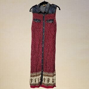 Boho Sleeveless Floral Maxi Dress with Denim Trim High Slits Size M Sleveless